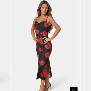 bebe Black Midi Dress with Red Floral Design